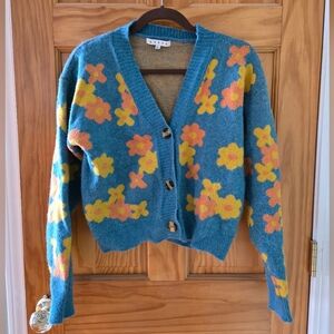 Women's Floral Blue And Yellow Cardigan Sweater